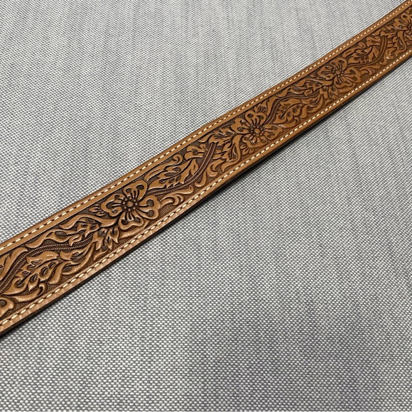 Vintage Livingston Wells&Co Nautical Gold Dealers w/Tooled Leather Hibiscus Belt - Picture 2 of 14